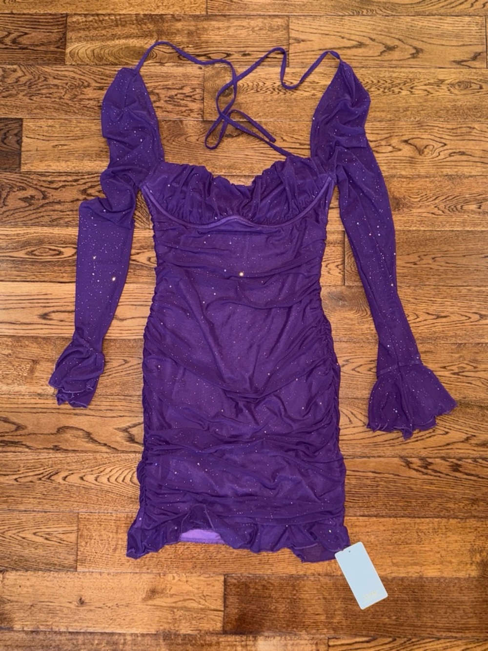 Aqua Purple Sparkle Ruched Long-Sleeve Mini Dress